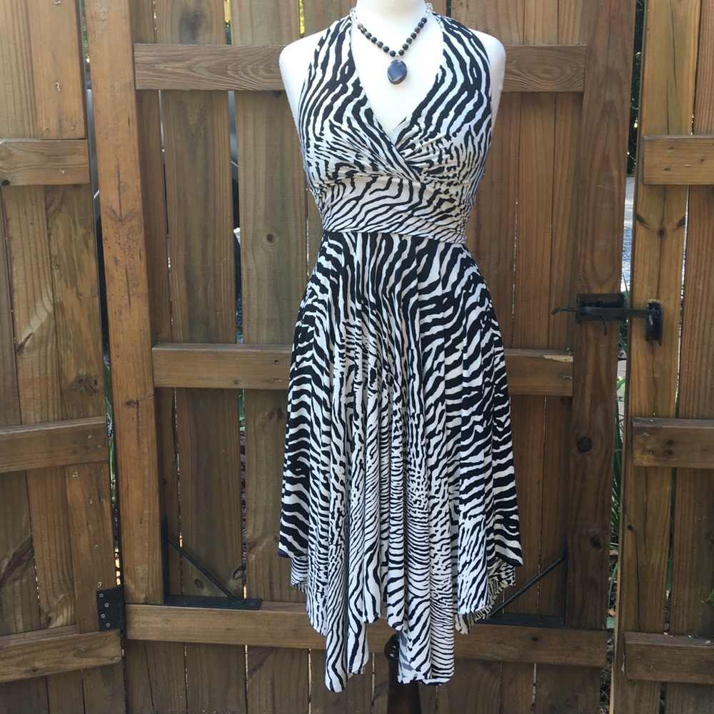 Soma Black and White Asymmetrical Zebra Halter Dress